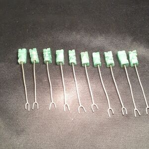 Vtg Silver/Jade appetizer/cocktail forks. Set of 10. Carved Mayan Aztec Party